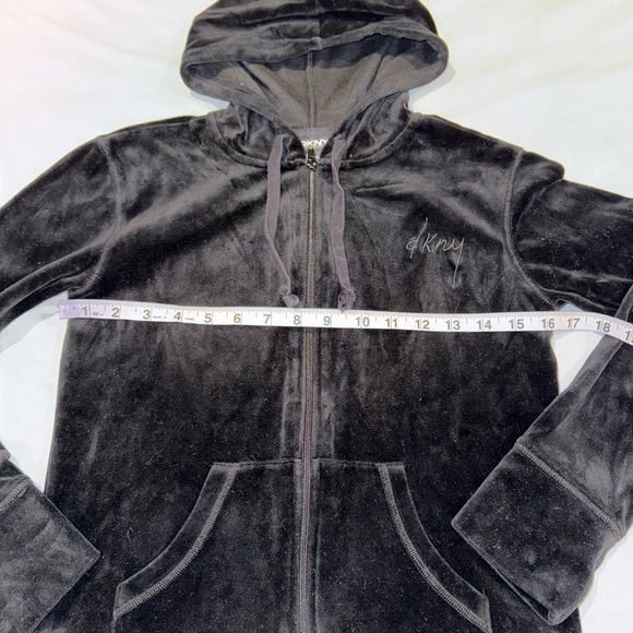 DKNY Hoodie Sweatshirt Black Velour Zip Up Front Pockets Women's Sz S - Picture 9 of 10
